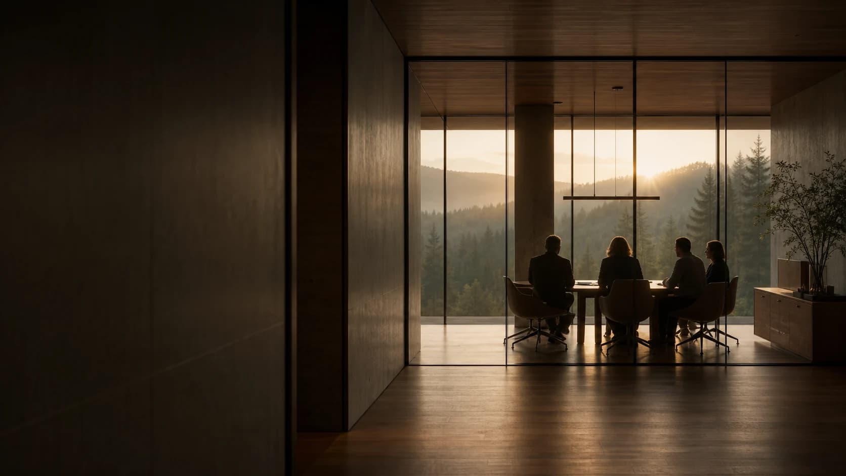 Quatre personnes réunies autour d'une table dans un bureau vitré donnant sur des collines boisées, baigné d'une lumière dorée