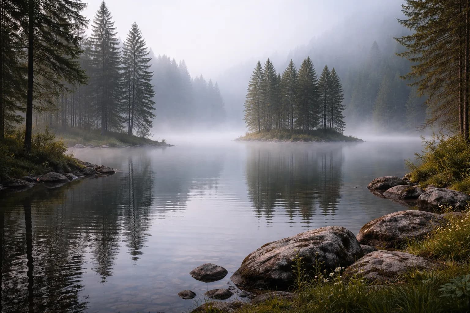 Still morning mist rising over a calm lake